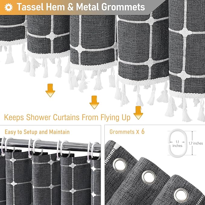 BTTN Boho Shower Stall Curtain - 36x72 Narrow Linen Ultra Thick Tassel Fabric Shower Curtain Set with 6 Plastic Hook, Half Camper RV Modern Farmhouse Country Shower Curtain for Bathroom, Charcoal Grey