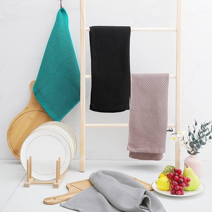 Homaxy 100% Cotton Waffle Weave Kitchen Dish Towels, Ultra Soft Absorbent Quick Drying Cleaning Towel, 13 x 28 Inches, 12-Pack, Black