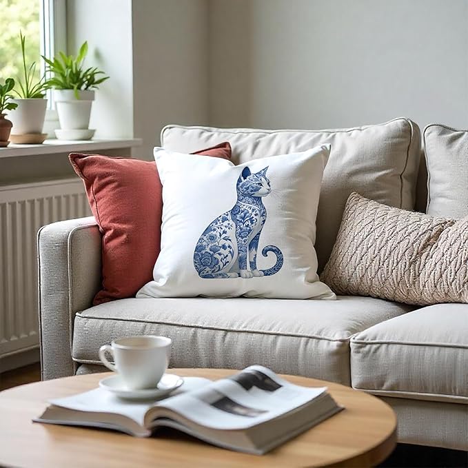 Blue and White Chinoiserie Floral Pillow Covers 18x18, Gifts for Cat Lovers Mom Lady Owners, Elegant Kitten Kitty Decorative Pillow Covers for Home Bedroom Living Room Decor, Pet Lover Gifts