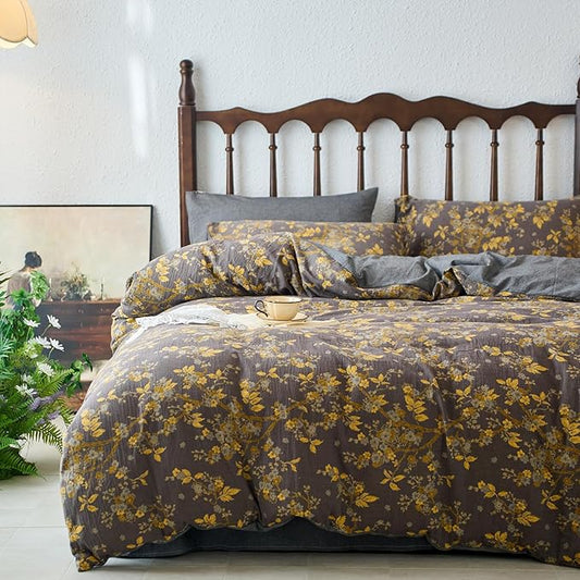mixinni Vintage Floral Duvet Cover King Set - Gold Jacquard & Grey Reversible, 100% Yarn-Dyed Double-Layer Cotton, Breathable & Luxurious Farmhouse Bedding (3-Piece, Includes 2 Pillowcases)