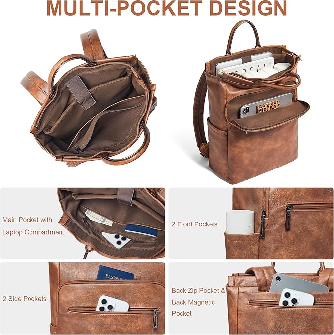 Leather Laptop Backpack for Women, Travel Backpack Purse Fits 15.6 Inch Laptop, Casual Daypack with Laptop Compartment for Teachers College Work Business Nurse Weekender, Brown
