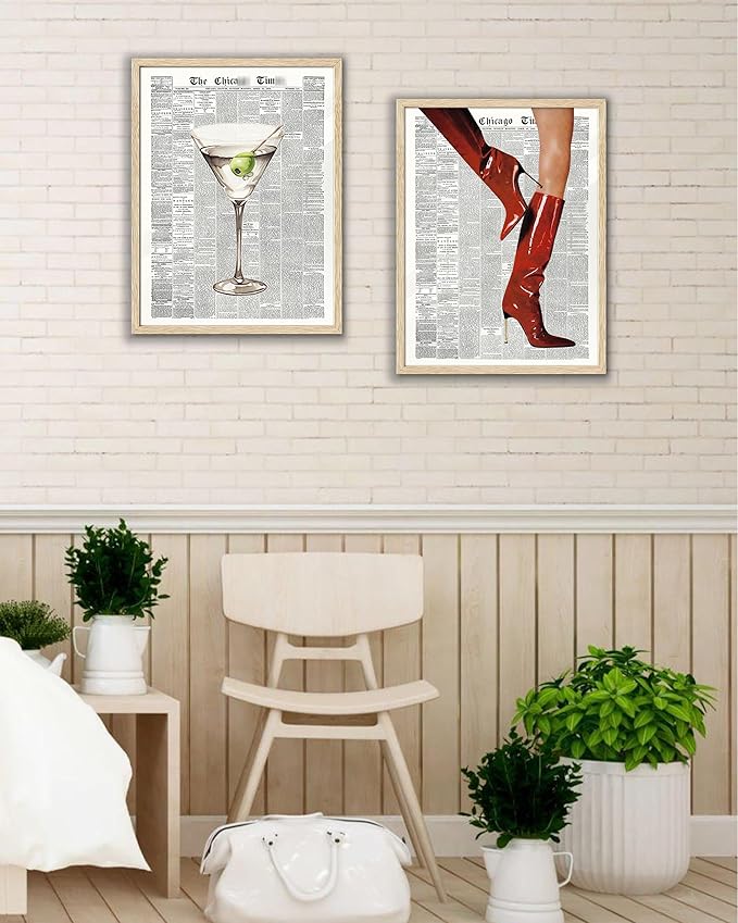 EcoHest UnFramed Trendy Newspaper Red Boots Wall Art, 12x16 in OAK Wood Fashion Icon Canvas Wall Art, Magazine Home Decor, Beige Logs Retro Set of 1 for Bedroom Living Room