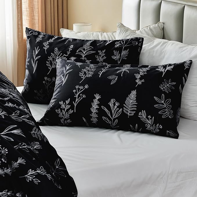 MUXHOMO Duvet Cover Queen Size, Reversible Floral Black Duvet Cover Set with Zipper Closure, 3 Pieces Botanical Patterns Soft Microfiber Bedding Set with 4 Ties (90"x90", 2 Pillow Cases)