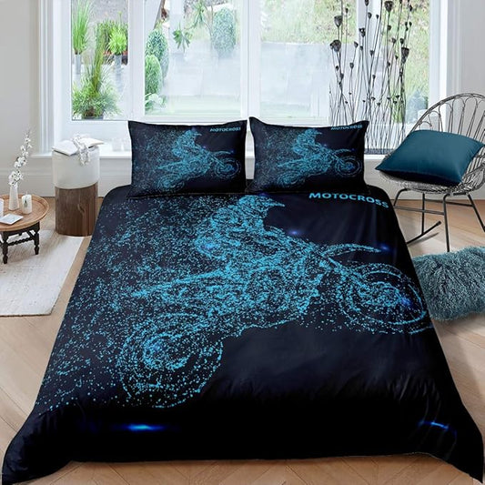 Feelyou Dirt Bike Duvet Cover Set Motocross Racer Bedding Set for Kids Boys Teens Racing Motorcycle Comforter Cover Set Extreme Sports Quilt Cover Motorbike Bedding Decoration King Size Blue