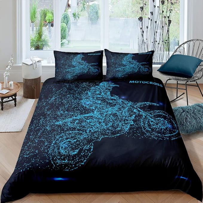 Feelyou Dirt Bike Duvet Cover Set Motocross Racer Bedding Set for Kids Boys Teens Racing Motorcycle Comforter Cover Set Extreme Sports Quilt Cover Motorbike Bedding Decoration Twin Size Blue