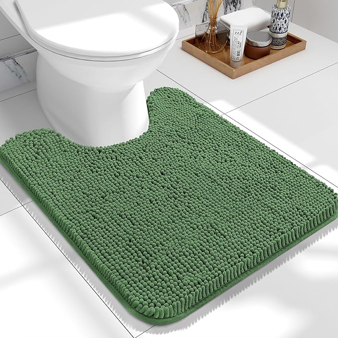 OLANLY Toilet Rugs U-Shaped 24x20, Extra Soft Absorbent Chenille Contour Bathroom Rugs for Toilet, Dry Quickly, Machine Washable, Non-Slip Bath Mat, Olive Green