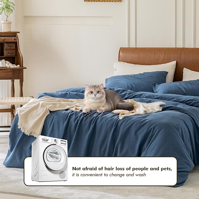 FOSSA Duvet Cover Set 100% Washed Cotton 3 Pieces Bedding Set Twill Soft Cozy Breathable Sturdy Substantial with Textured Weave Solid Federal Blue King