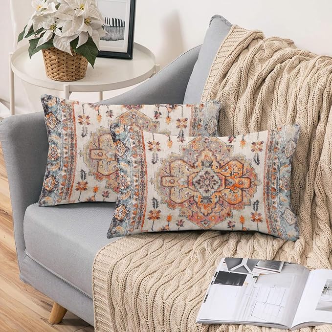 Boho Throw Pillow Covers 12x20 inch Set of 2,Boho Vintage Carpet Pattern Antique Ethnic Decor Double Sided Pattern Cushion Cover Soft Pillow Case Living Sofa Room Bed Square Pillow Cover