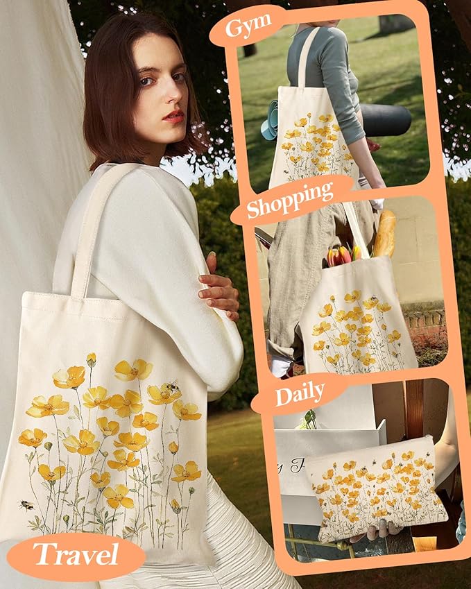 Aesthetic 2 Pack Canvas Tote Bag - with Makeup Zipper Pouch for Women Bag for Shopping, Gym, Travel, Vacation