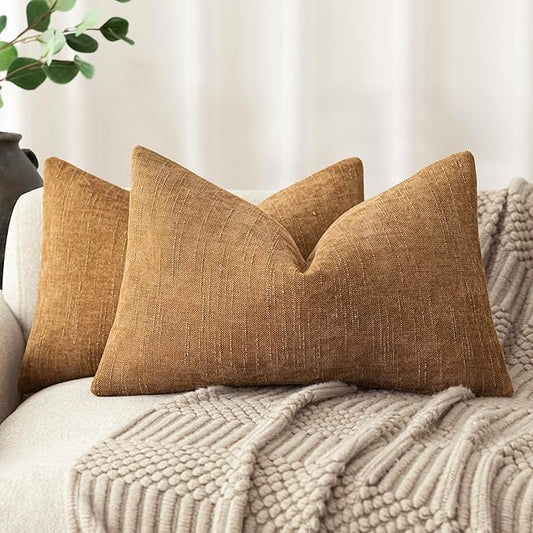 Foindtower Set of 2 Textured Chenille Throw Decorative Pillow Covers Square Accent Solid Cushion Cover Neutral Farmhouse Lumbar Pillow Case for Couch Sofa Bedroom Living Room 12x20 Inch,Golden Brown