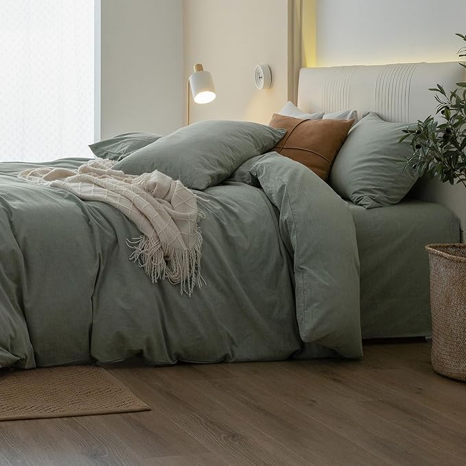 JIYUAN 100% Washed Cotton Duvet Cover Set 3 Pieces Alaska King, 1 Duvet Cover 132x120 Inches(Comforter Not Included) and 2 Pillowcases,Linen Feel Bedding Set Comfy and Breathable, Heathered Green