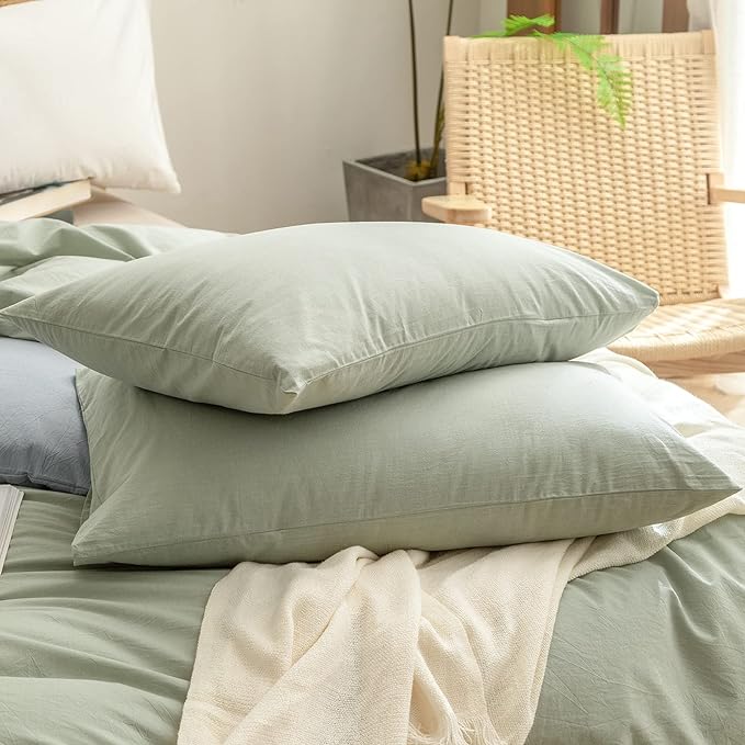 BESTOUCH Duvet Cover Set 100% Washed Cotton Linen Feel Super Soft Comfortable Chic Lightweight 3 PCs Home Bedding Set Solid Sage Green Oversized Queen