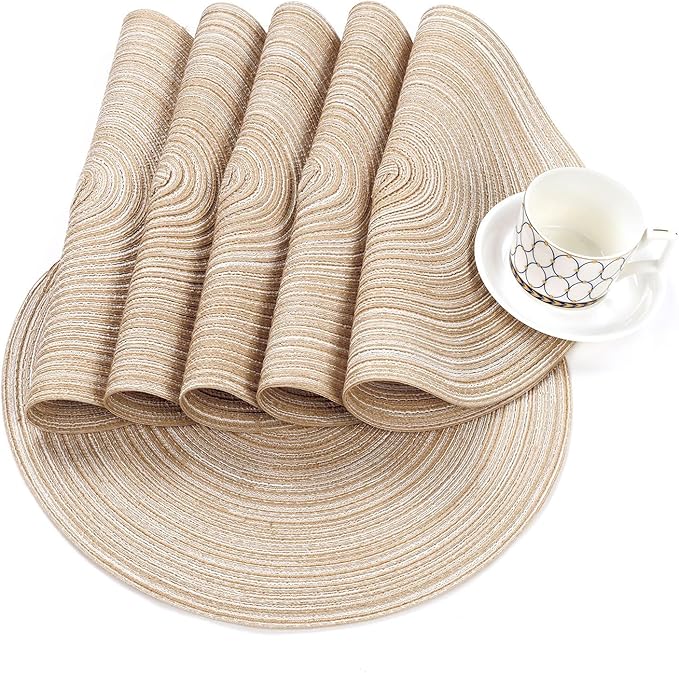 SHACOS Round Braided Placemats Set of 4 Round Table Mats for Dining Tables 15 inch Washable Kitchen Table Place Mats Indoor (Beige, 4)