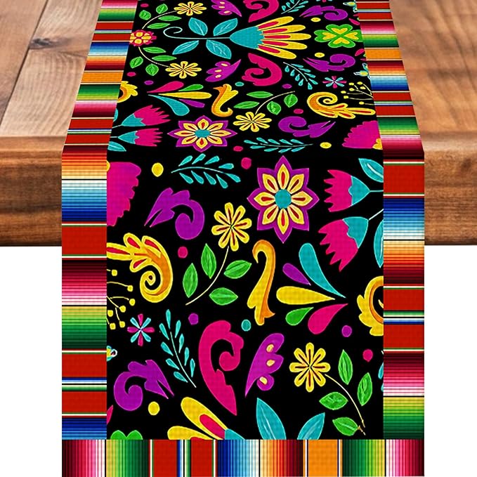 Mexican Flowers Burlap Table Runner Seasonal Spring Fall Kitchen Dining Linen Table Decoration for Indoor Outdoor Home Party Dinner 13x72 Inch