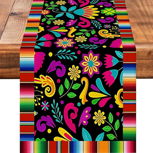 Mexican Flowers Burlap Table Runner Seasonal Spring Fall Kitchen Dining Linen Table Decoration for Indoor Outdoor Home Party Dinner 13x72 Inch