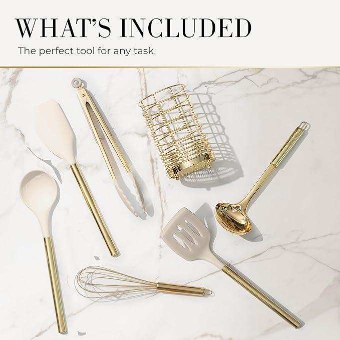 7-Piece Beige & Gold Kitchen Utensils Set – Non-Toxic Silicone & Stainless Steel Tools for Cooking, Serving, & Hosting – Ideal for Nonstick Cookware & Modern Kitchens, with Gold Utensil Holder