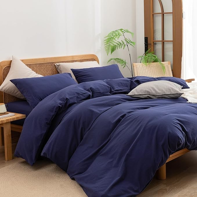 BESTOUCH Duvet Cover Set 100% Washed Cotton Linen Feel Super Soft Comfortable Chic Lightweight 3 PCs Home Bedding Set Solid Navy Blue Oversized Full