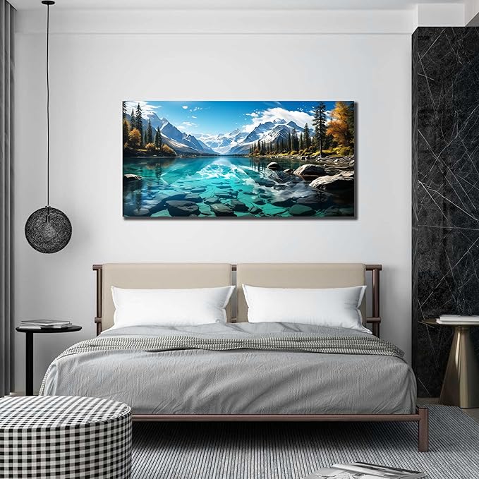 LAOTOART Snowy Mountain Wall Canvas Art for Living Room - Natural Landscape Art Work for Office Walls - Teal Bedroom Wall Decor Above Bed Size 24" x 48"