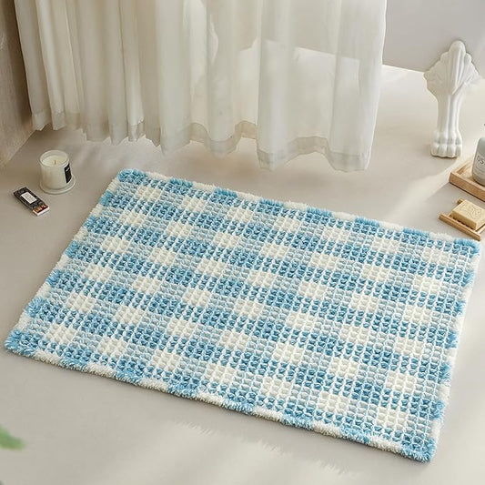 Waffle Bath Mat, Boho Bathroom Rugs Non Slip Washable Absorbent Checkered Bathroom Mat Quick Dry Cute Bath Mat, 36"x24" Blue and White
