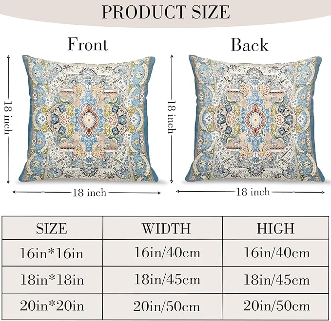 Boho Floral Throw Pillow Covers 18x18 inch Set of 2,Blue Boho Rug Geometric Floral Pattern Decor Double Sided Pattern Cushion Cover Soft Pillow Case Living Sofa Room Bed Square Pillow Cover
