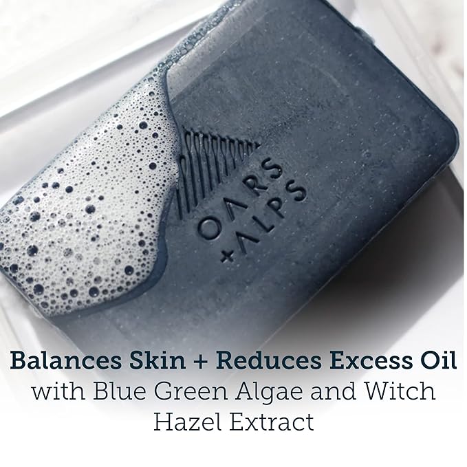 Oars + Alps Blue Charcoal Exfoliating Bar Soap for Men, Deep Cleaning & Exfoliating Soap, Dermatologist Tested & Made with Natural Clean Ingredients, All Skin Types, Travel Size, 1pk, 6oz