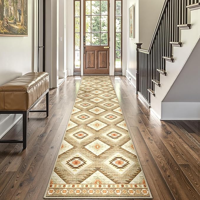 Area Rug 2x6 Rug Machine Washable Non-Slip Low Pile Print Pattern Western Rug for Living Room Bedroom Entryway Tribal Series -Cream/Camel