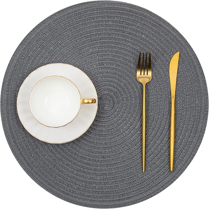 SHACOS Round Placemats Set of 6 Washable 15 inch Round Table Mats Cotton Polyester Woven Braided Place Mats for Dining Table (Charcoal Gray, 6)