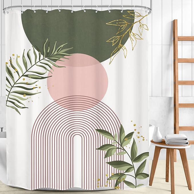 Pink Green Boho Shower Curtain 72Wx96H Extra Long Modern Bohemian Abstract Sage Green Gold Leaves Mid Century Plant Minimalist Bathroom Decor Arch Bath Curtain Fabric Polyester 12 Pack Hooks