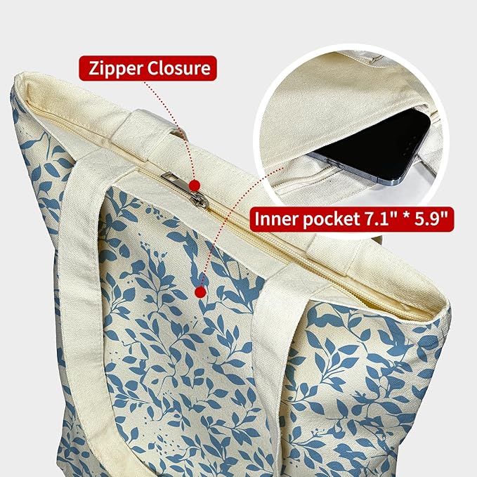 Canvas Tote Bag for Women, Aesthetic Tote Bag with Zipper Pocket for Grocery Travel Work Gift, Canvas Shopping Bag