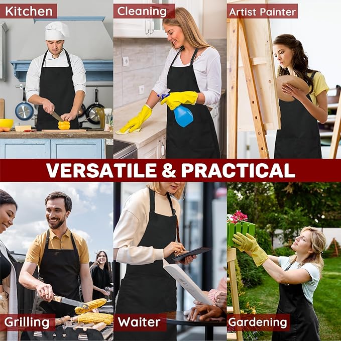 4 Pack Plus Size Chef Aprons, Large Kitchen Apron with 2 Pockets, Adjustable Waterproof Black Apron for Big Men and Women for Cooking, Baking, Cleaning, Gardening, BBQ