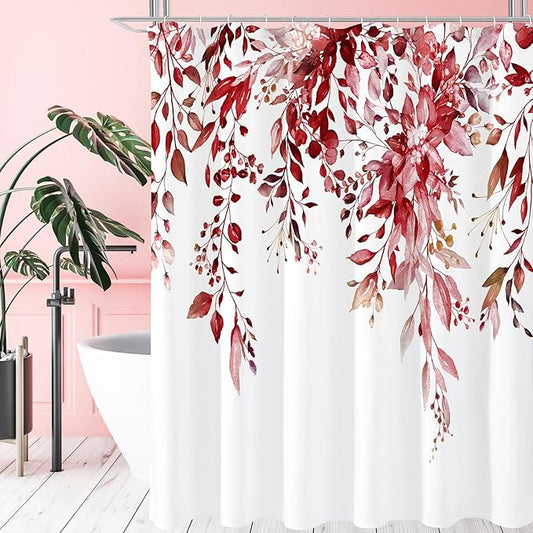 Gibelle Long Shower Curtain 72 x 78, Tall Burgundy Red Floral Shower Curtain for Bathroom, Watercolor Plant Eucalyptus Leaves Fabric Shower Curtain Set with Hooks