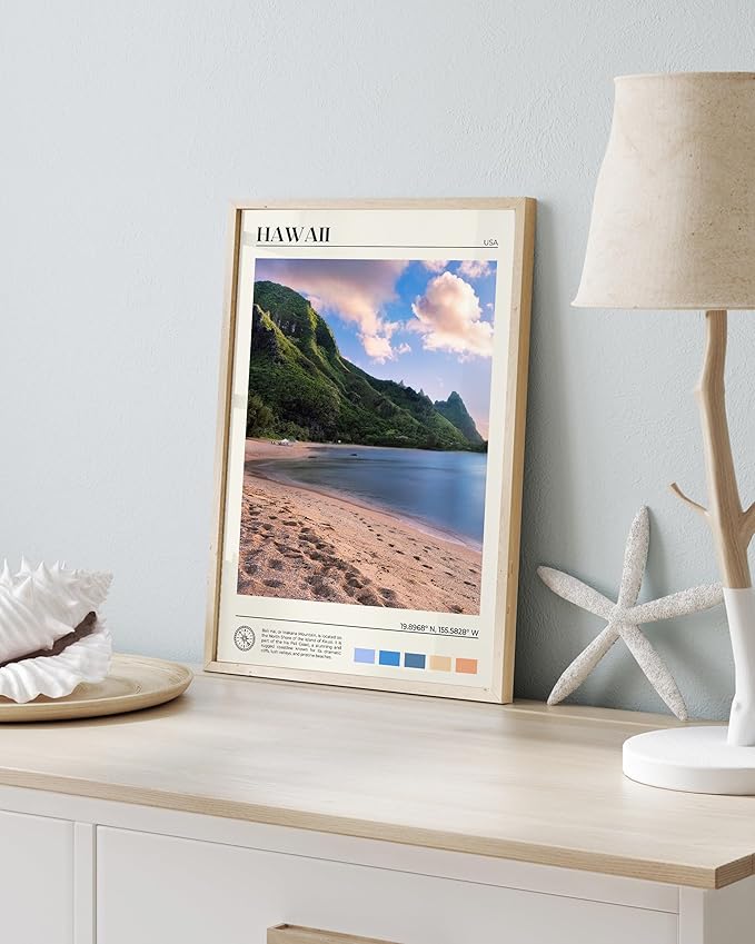 HesenDot Natural OAK Wood Hawaii Framed Wall Art,12x16in Makana Mountain Natural Scenery Canvas Wall Print,Classic Urban City Landmark Wall Decor for Living Room,Bedroom,Office Gallery Gifts Set of 1