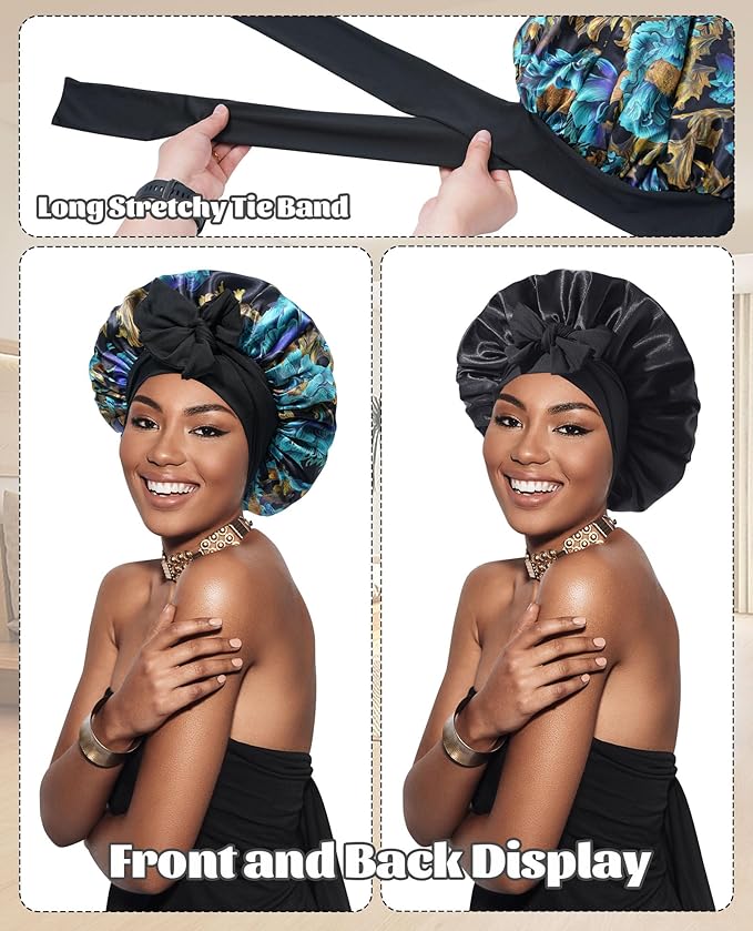 Satin Bonnet Silk Bonnet for Sleeping Silk Sleep Cap Double Layer Hair Bonnet with Elastic Tie Band for Curly Hair Night Cap(Print+Black)