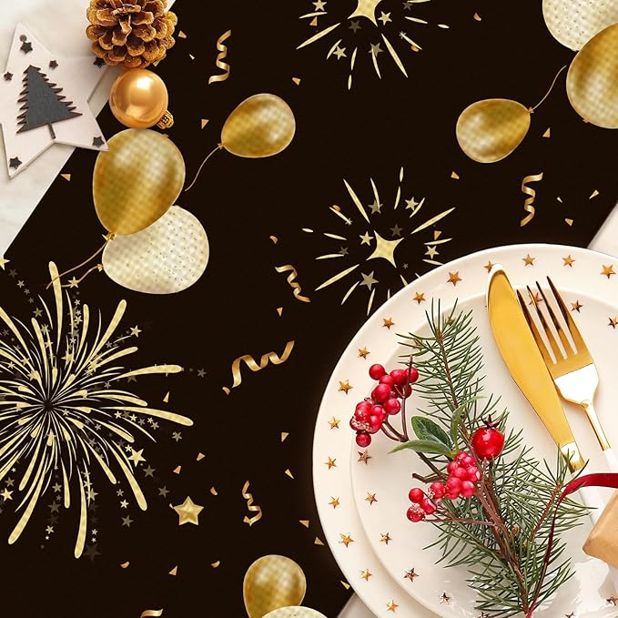 Happy Birthday Black Table Runner Burlap Kitchen Dining Linen Table Decoration for Indoor Outdoor Home Party Dinner 13x72 Inch