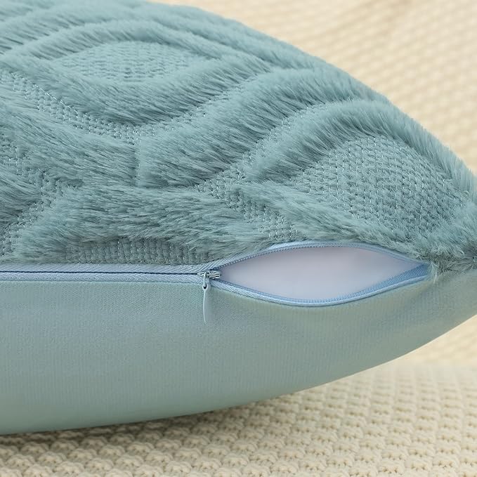 decorUhome Fall Throw Pillow Covers 16x16 Inch Set of 2, Soft Plush Decorative Faux Fur Aqua Solid Couch Pillow Covers, Accent Farmhouse Neutral Square Euro Pillow Cases for Sofa Bed Living Room