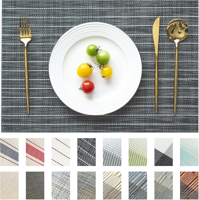 Placemats Set of 8 Vinyl/Plastic Woven Place Mats for Kitchen Table Indoor/Outdoor Washable Placemat Wipeable Dining Table Mats (Black Stripes,8)