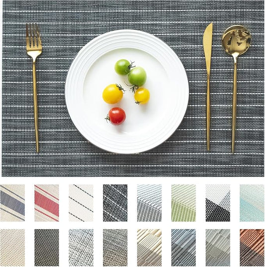 Placemats Set of 6 Vinyl/Plastic Woven Place Mats for Kitchen Table Indoor/Outdoor Washable Placemat Wipeable Dining Table Mats (Black Stripes,6)