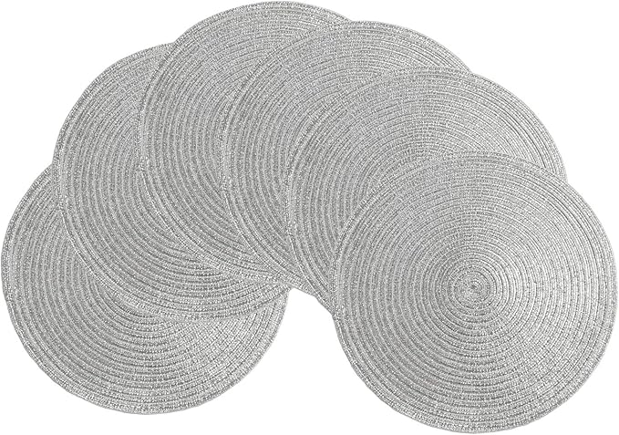 SHACOS Silver Glitter Round Placemats Set of 6 Sparkle Bling Place Mats Glitz Table Mats for Christmas Holiday Home Party Wedding Festive Table Decoration (6, Silver)