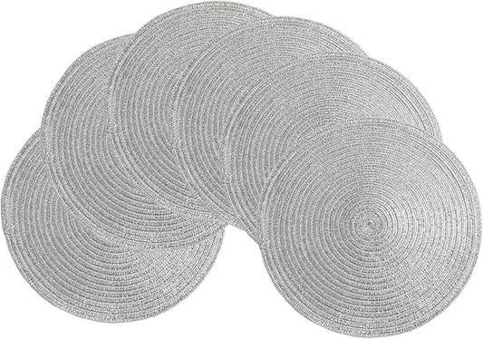 SHACOS Silver Glitter Round Placemats Set of 6 Sparkle Bling Place Mats Glitz Table Mats for Christmas Holiday Home Party Wedding Festive Table Decoration (6, Silver)