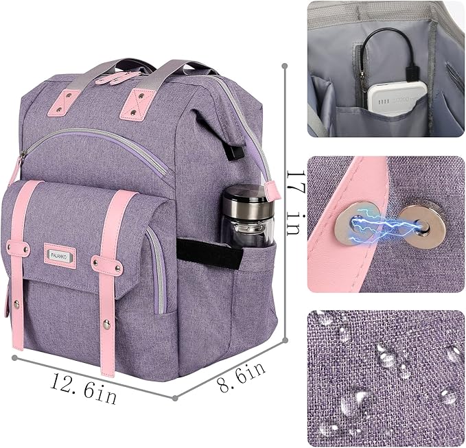 FALANKO Laptop Backpack for Women,Large Computer Backpack Fits 17 Inch Laptop with USB Charging Port RFID Water Resistant purse Casual Purple Bookbag for Teacher/work/College/nurse/Doctor/Woman