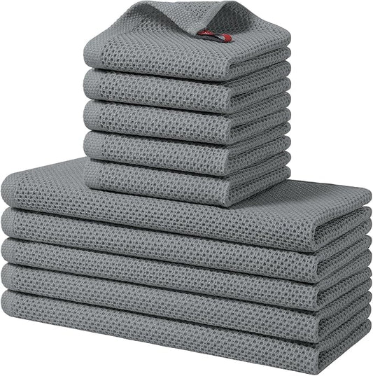 Homaxy 100% Cotton Kitchen Towels and Dishcloths Set, 12 x 12 Inches and 13 x 28 Inches, Set of 10 Bulk Kitchen Towels Set, Ultra Soft Absorbent Dish Cloths for Washing Dishes, Grey
