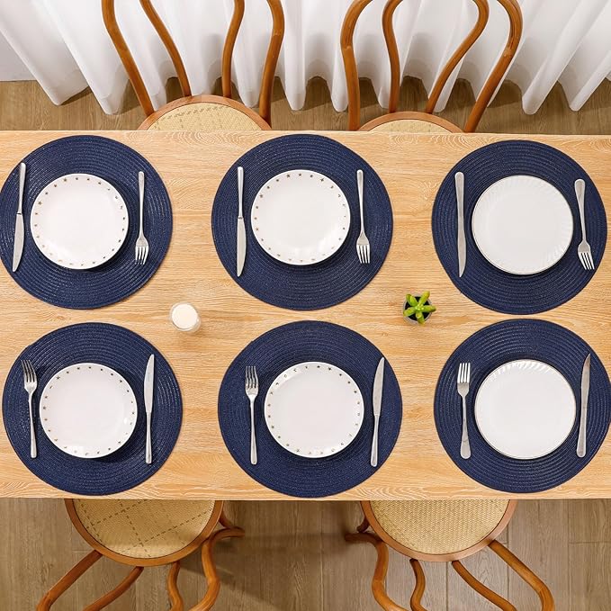 SHACOS 15 inch Navy Blue Round Placemats Set of 12 for Dining Table Woven Braided Circle Place Mats Kitchen Placemat Washable Table Mats