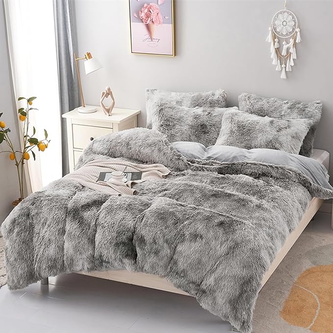 MorroMorn 5 PCS Shaggy Duvet Cover Bedding Set - Fluffy Comforter Cover Long Faux Fur Luxury Ultra Soft Cozy (Marble Gray, Full/Queen)