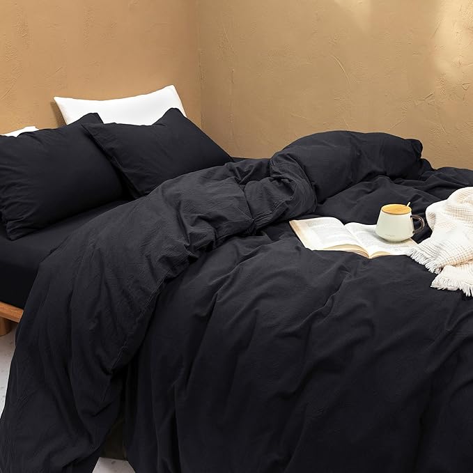 FOSSA Duvet Cover Set 100% Washed Cotton Linen Feel Super Soft Breathable Cozy 3 Pieces Bedding Sets Solid Black Twin/Twin XL