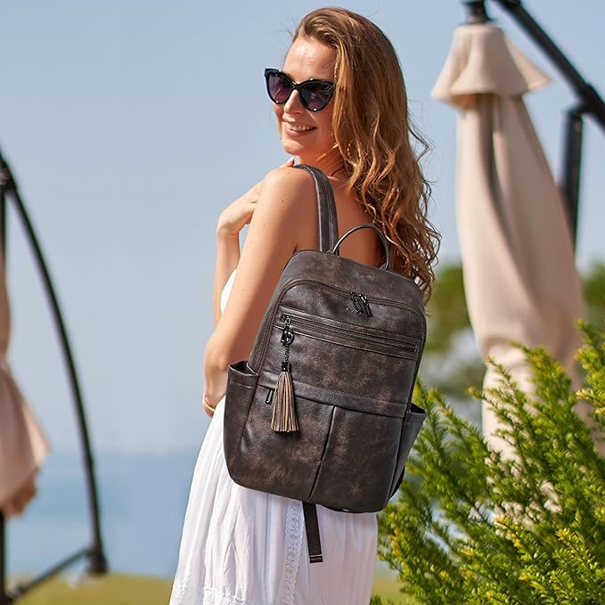 Leather Laptop Backpack for Women, 15.6" Causal Daypack Backpacks Purse Computer Backpack with Laptop Compartment for Travel Work College Business, Coffee