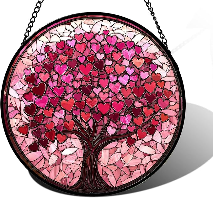 Stained Glass Window Hanging - DASTOLL, Birthday Gifts for Women Men Mom Dad, Pink Love Tree Suncatcher for Doors Window Home Sun Catchers Decor 6.3 in