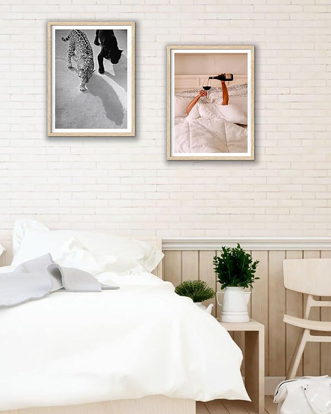 EcoHest Small Cheetah and Jaguar Walking Framed Wall Art, 8x10 in OAK Wood Vintage Black and White Funny Bathroom Canvas Art, Fashion 1950s Poster Decor, Set of 1 for Bedroom Living Room