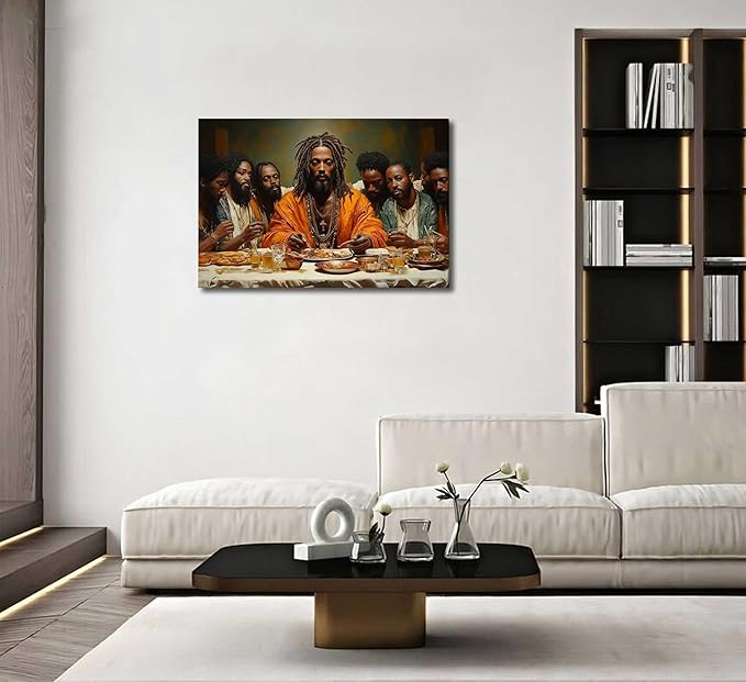 WWN Modern Black Jesus Canvas Wall Art African American The Last Supper Painting Picture Wall Decor Black Man Christian Poster Print Artwork for Kitchen Dining Room Living Room Bedroom Home Decoration
