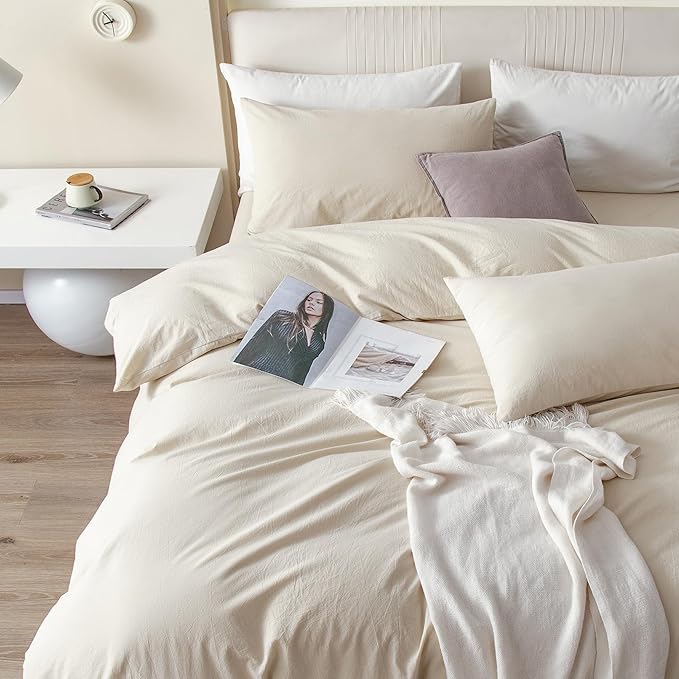 JIYUAN 100% Washed Cotton Duvet Cover Set 3 Pieces Alaska King, 1 Duvet Cover 132x120 Inches(Comforter Not Included) and 2 Pillowcases,Linen Feel Bedding Set Comfy and Breathable,Heathered Beige