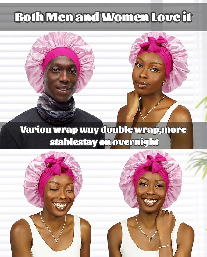 Satin Bonnet Silk Bonnet for Sleeping Silk Sleep Cap Double Layer Hair Bonnet with Elastic Tie Band for Curly Hair Night Cap (Rose red + Skin Powder)